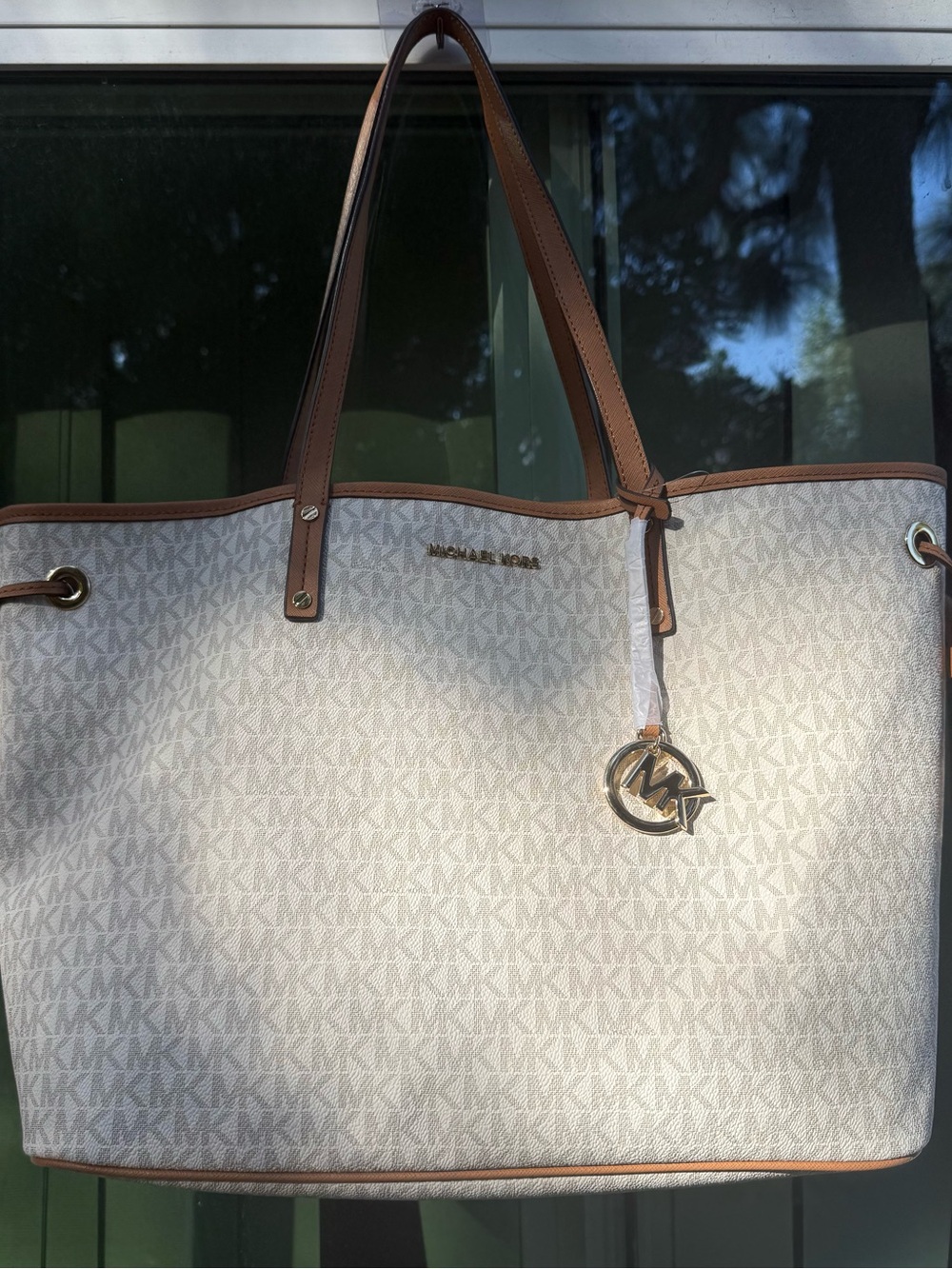 Michael Kors Vanilla Monogram Tote with Brown Trim and Gold Charm